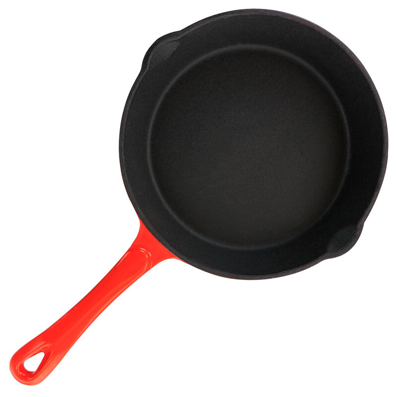 MegaChef Enameled Round 8 Inch PreSeasoned Cast Iron Frying Pan in Red