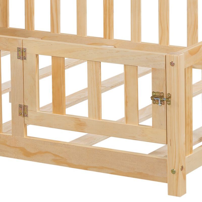 Full-size Montessori Floor Bed with Bookcases and Blackboards, Versatile Platform Beds with Guard rails, Solid Wood Floor Beds with Storage Headboards, Floor Beds for Kids and Teens
