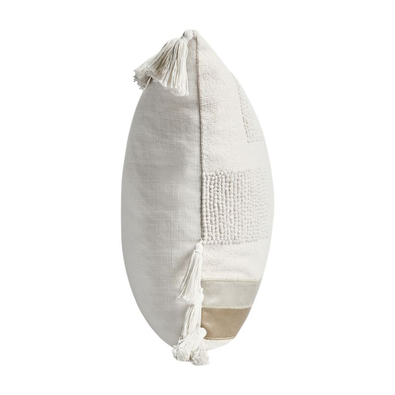 Throw Pillow, Tasseled Edges with Embroidery, 22 Inch Ivory Fabric - Benzara
