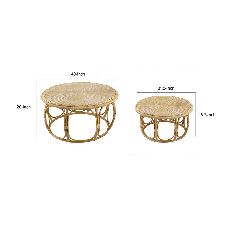 32, 40 Inch Coffee Table Set of 2, Round Tops, Handwoven Rattan, Brown - Benzara