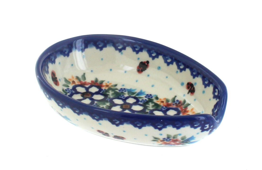 Blue Rose Polish Pottery Aztec Flower Spoon Rest