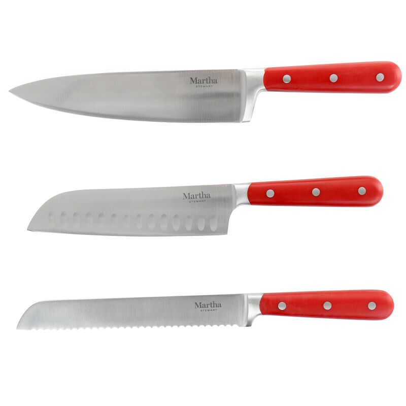 Martha Stewart 14 Piece Stainless Steel Cutlery Set in Red with Acacia Wood Storage Block