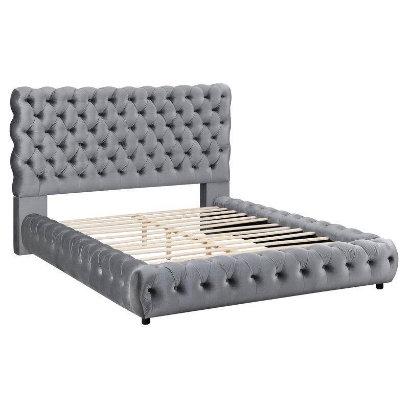Benjara James King Size Bed, Platform Style, Button Tufted Gray Velvet Upholstery