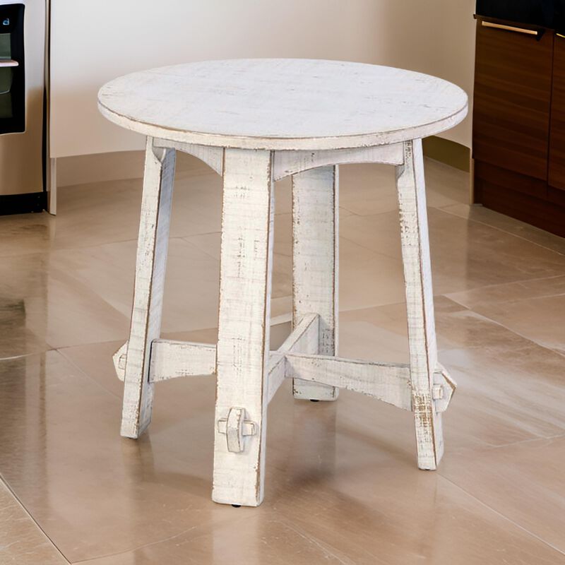 Rena Rustic Side End Table, X Legs, 24in Round, Distressed White Wood - Benzara