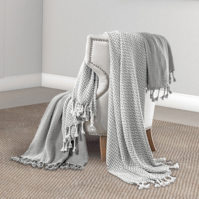 Calabria Herringbone Cotton Throw The Urban Port, Set of 2, Gray and White - Benzara