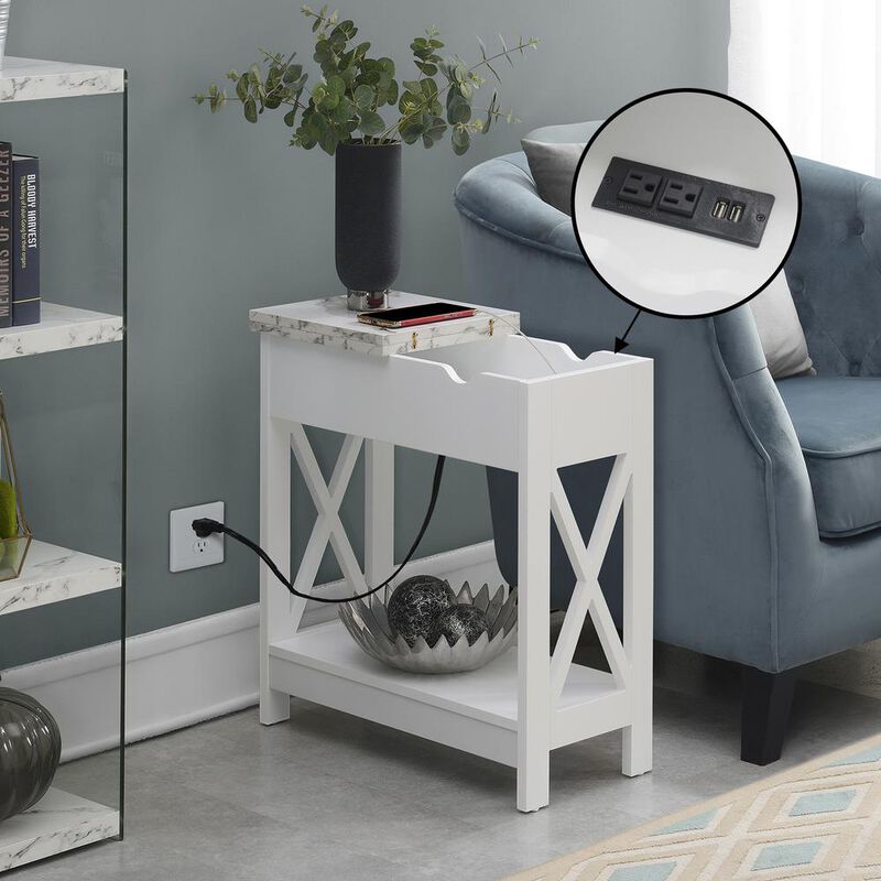Convenience Concepts Oxford Flip Top End Table with Charging Station and Shelf, Marble