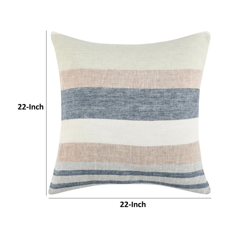 Diu Throw Pillow, 22 Inch Woven Linen, Coastal Striped White Gray Blue - Benzara