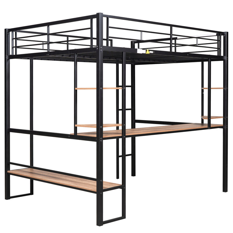 Full Size Loft Metal MDF Bed With Long Desk And Shelves