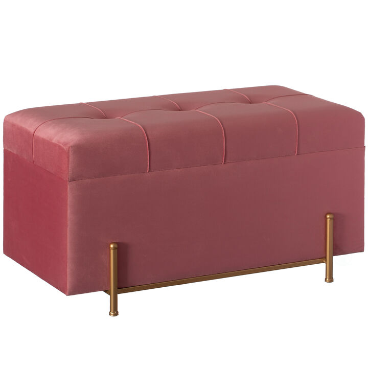 Large Rectangle Velvet Storage Ottoman Stool Box with Golden Legs | Decorative Sitting Bench for Living Room Home Decor with Cylindrical Golden Support (Black)