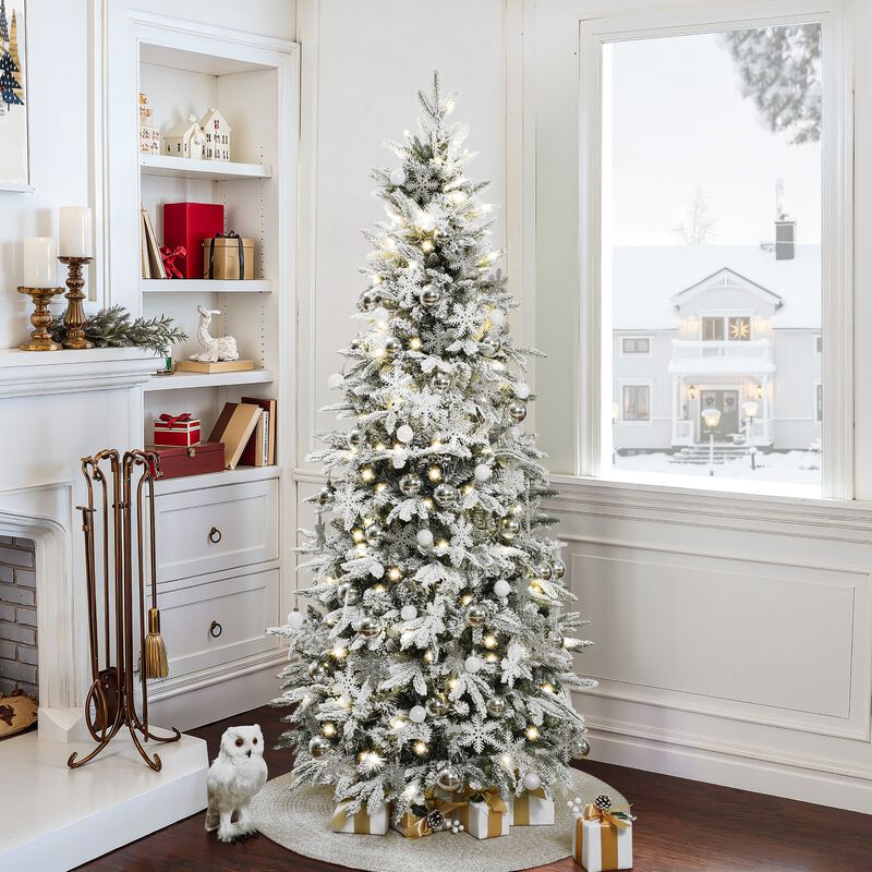 LuxenHome 6Ft Pre-Lit Snow Flocked Pop-Up Artificial Christmas Tree