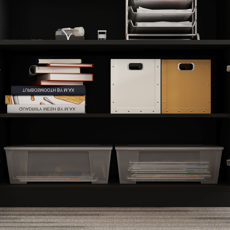FUFU&GAGA Black & White Bookshelf with 2 Doors, 1 Open Shelf, and 1 Rack, Particle Board Construction with Laminate Finish (31.5" W x 35.4" H x 15.7" D),White
