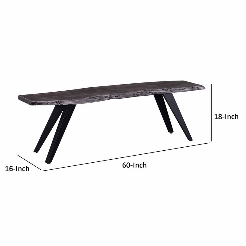 Salz 60 Inch Modern Dining Bench, Acacia Wood, Live Edge, Gray, Black-Benzara