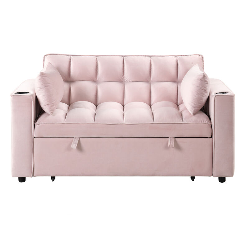 55.3" 41 Multifunctional Sofa Bed With Cup Holder And USB Port For Living Room Or Apartments Pink