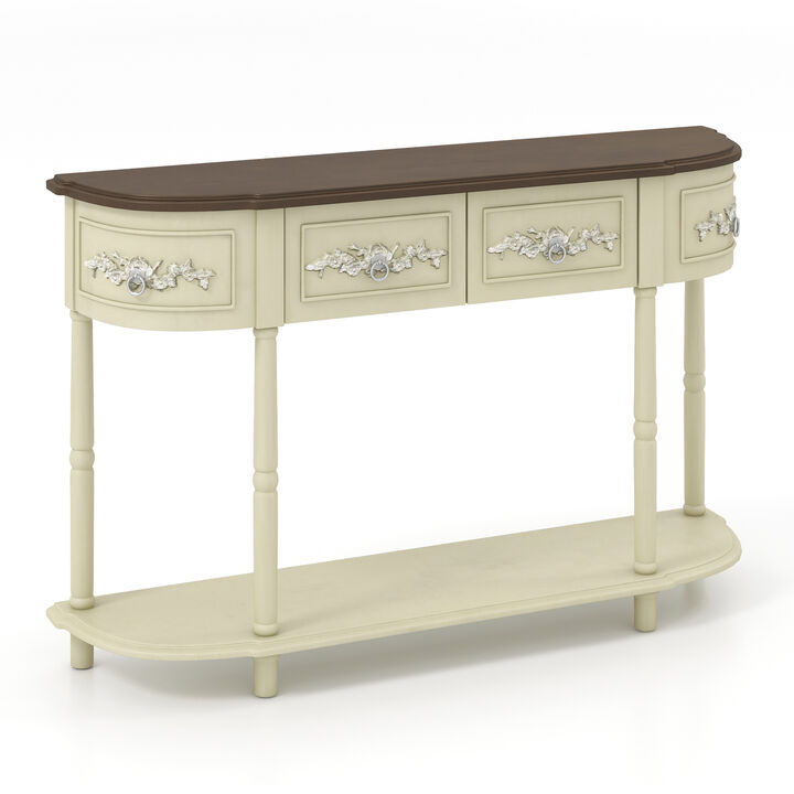 Retro Curved Console Table with Drawers and Solid Wood Legs for Living Room or Entryway