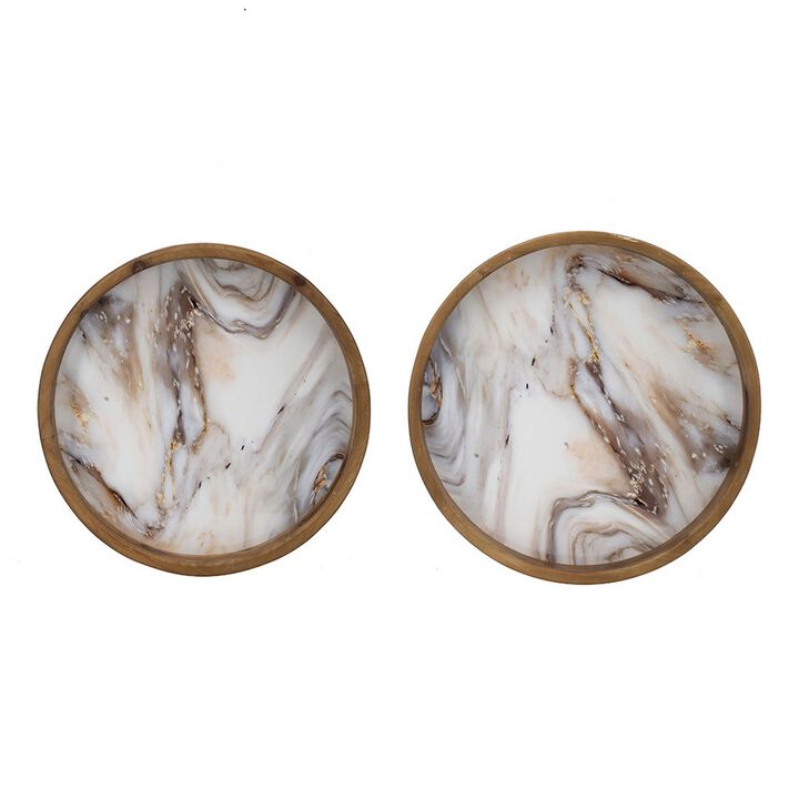 18, 15 Inch Round Decorative Tray, Marble Effect, Brown Fir Wood Frame-Benzara