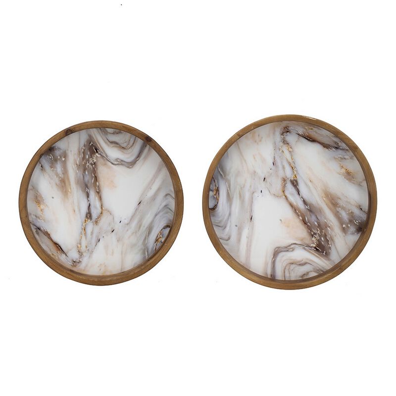 18, 15 Inch Round Decorative Tray, Marble Effect, Brown Fir Wood Frame-Benzara