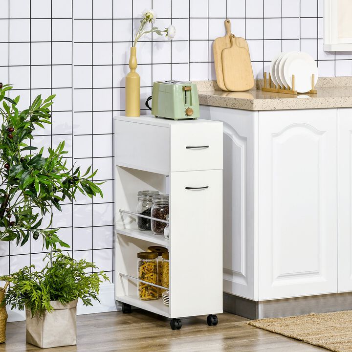 White Kitchen Helper: 3-Tier Slim Rolling Cart with Drawer & Shelves