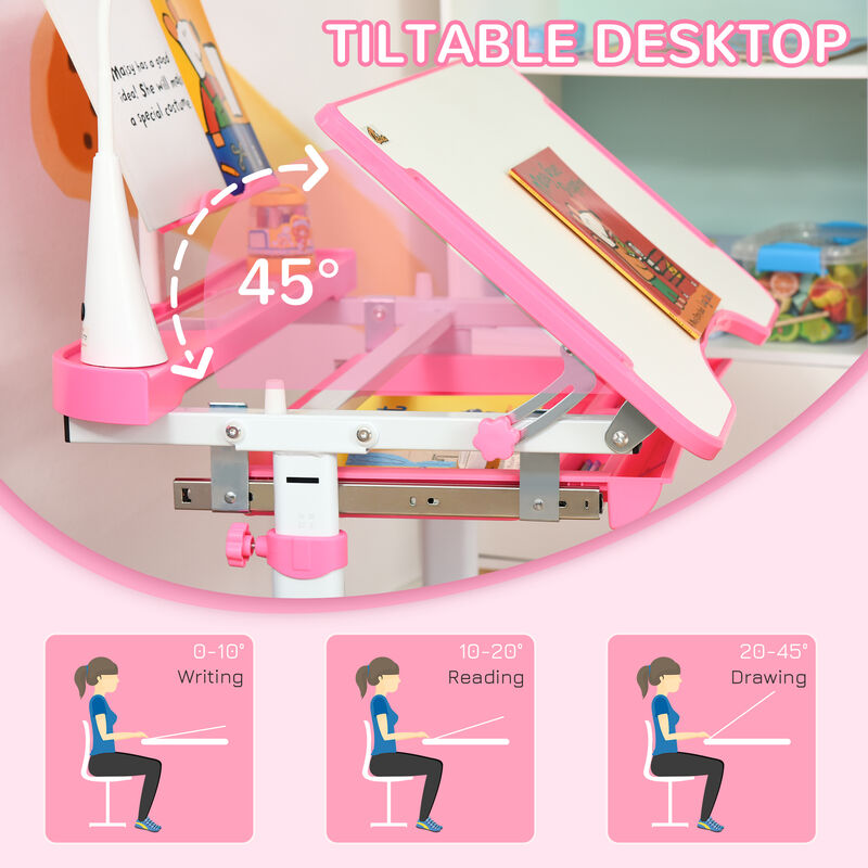 Qaba Kids Desk and Chair Set with Tilt Desktop, Storage Drawer, Pink