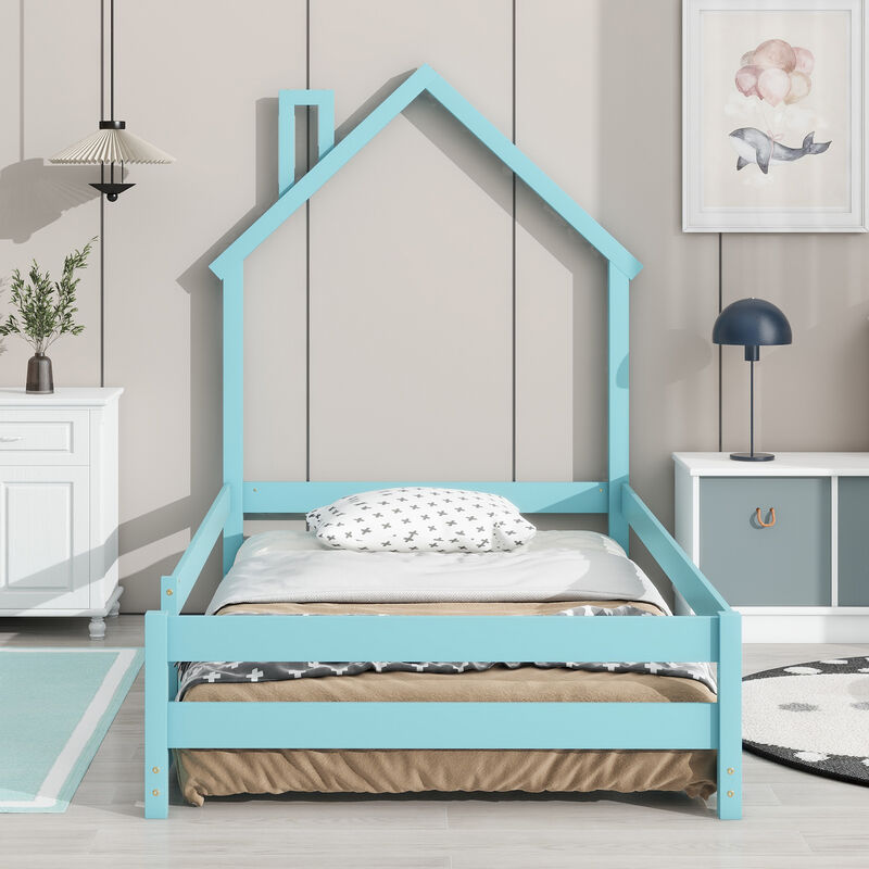 Twin Size Wood bed with House-shaped Headboard Floor bed with Fences,Light Green