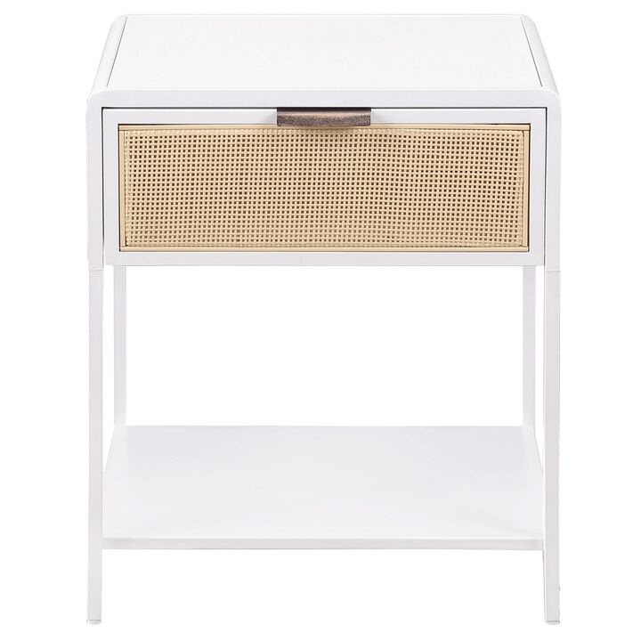 Lanie Bedside Table with Drawer and Open Shelf, PE Cane, White Metal - Benzara