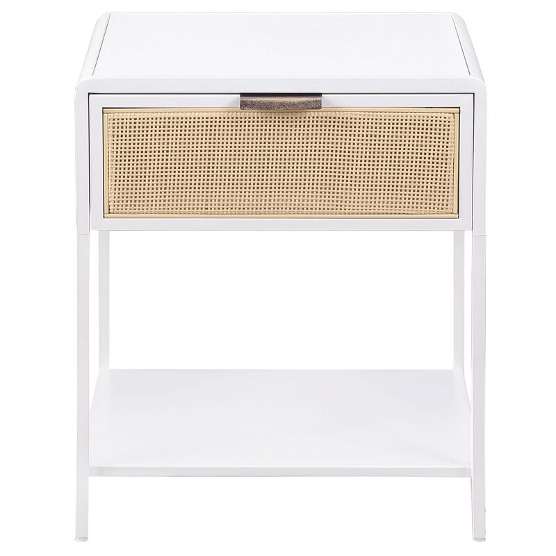 Lanie Bedside Table with Drawer and Open Shelf, PE Cane, White Metal - Benzara