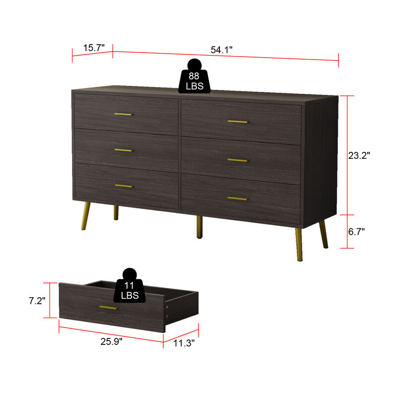 FUFU&GAGA Contemporary 6-Drawer Double Dresser with Gold-Tone Pulls, Black Finish, 54-inch Wide, Composite Material, Modern Style, (54.1" W x 15.7" D x 29.9" H), Black