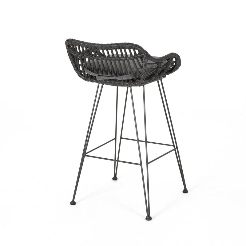 Modern Outdoor Wicker Barstools with Cushions (Set of 2)