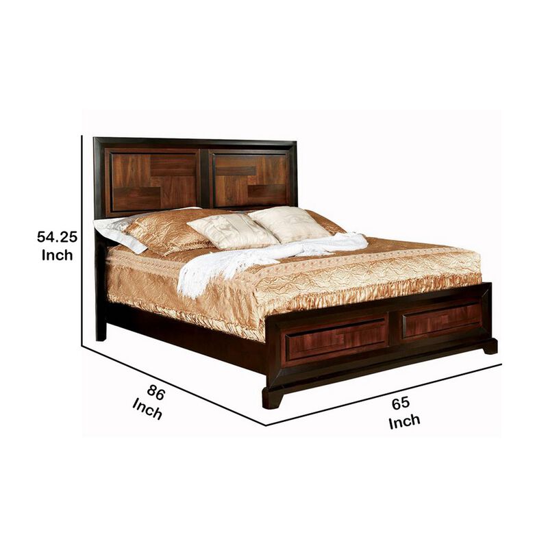 Transitional Style Queen Size Wooden Parquet Design Bed, Brown-Benzara