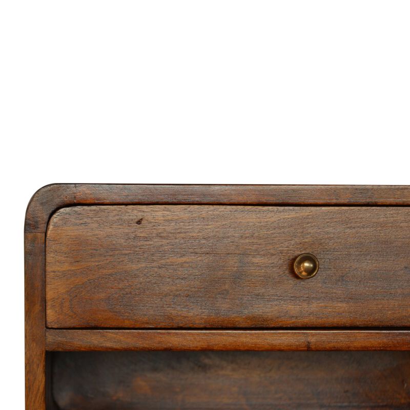 Curved Chestnut Wall Mounted 1 Drawer with Open Slot Solid Wood Nightstand