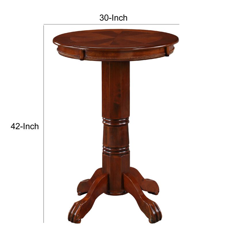 Ava 42 Inch Wood Pub Bar Table, Sunburst Design, Carved Pedestal, Dark Brown-Benzara