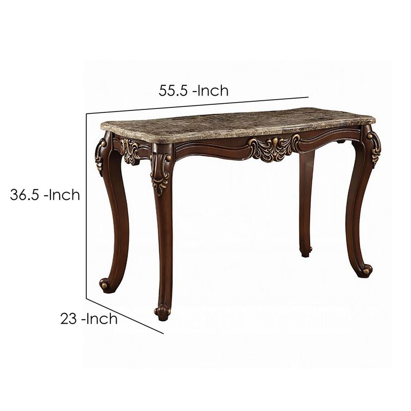 Marble Top Sofa Table With Carved Floral Motifs Wooden Feet, Brown-Benzara