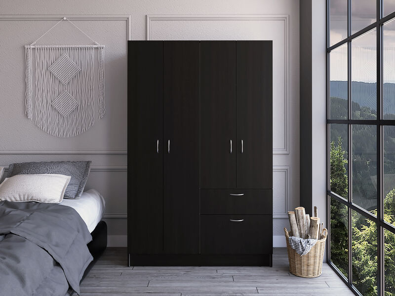 DEPOT E-SHOP Itaca Armoire, Double Door Cabinet, One Drawer, Five Interior Shelves, Rod, Black / White