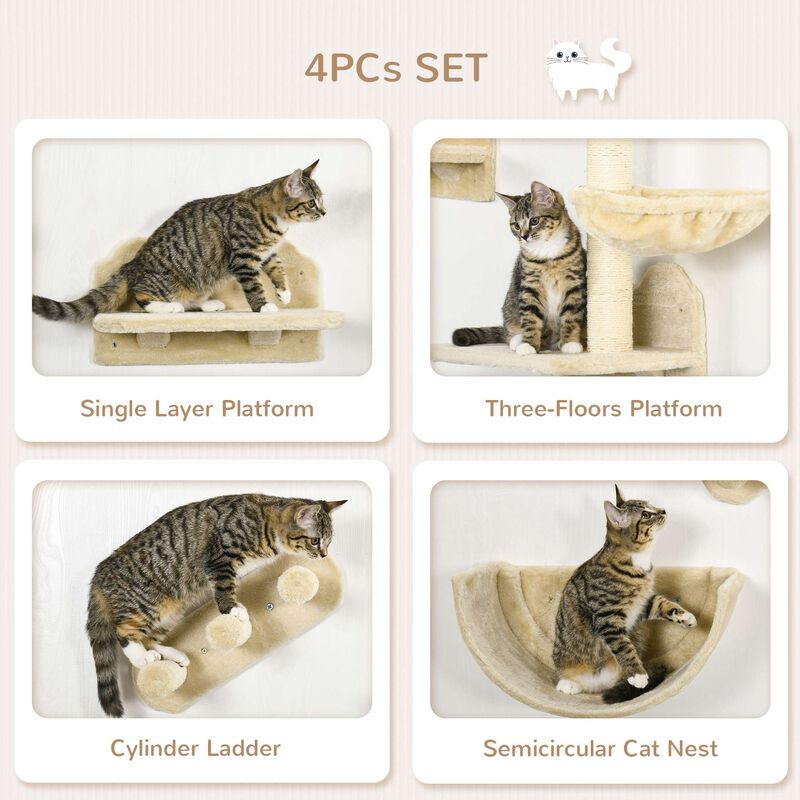 Beige Cat Playground: Wall Shelves with Hammock & Scratching Post
