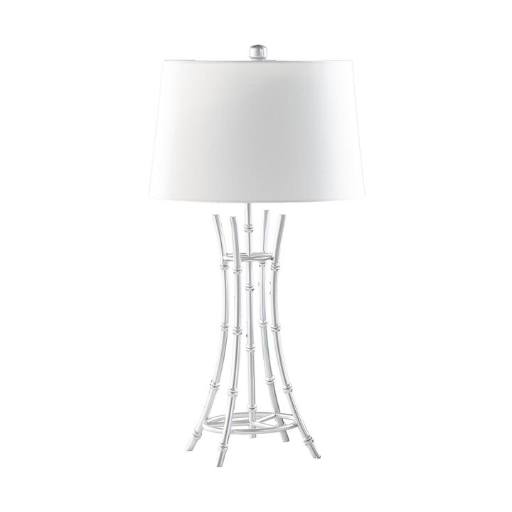 Lisi 29 Inch Table Lamp, White Shade, Silver Mettalic Bamboo Style Base - Benzara