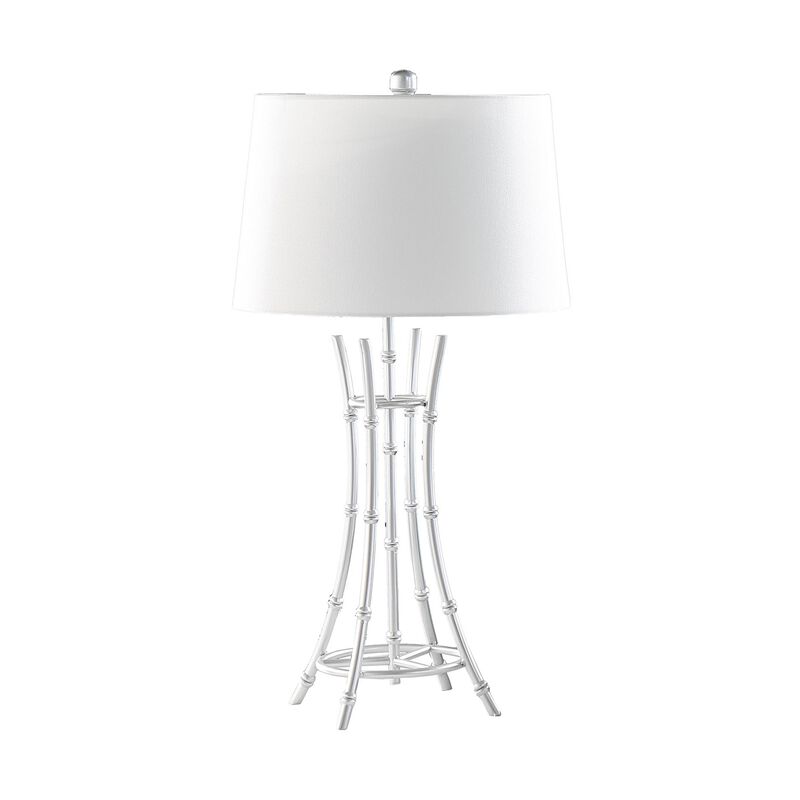Lisi 29 Inch Table Lamp, White Shade, Silver Mettalic Bamboo Style Base - Benzara