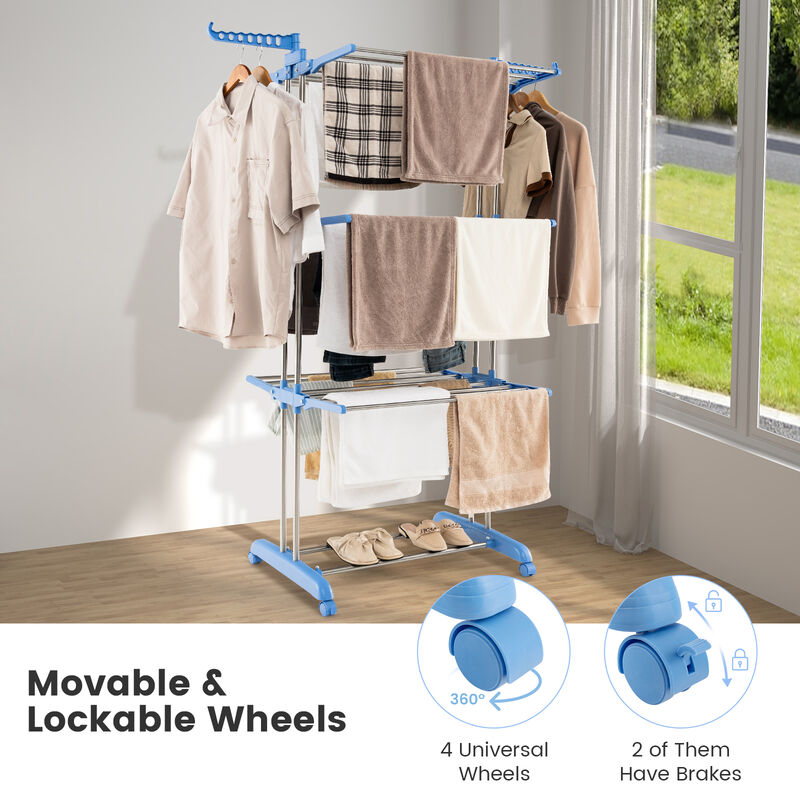 4-tier Folding Clothes Drying Rack with Rotatable Side Wings-Blue and Silver