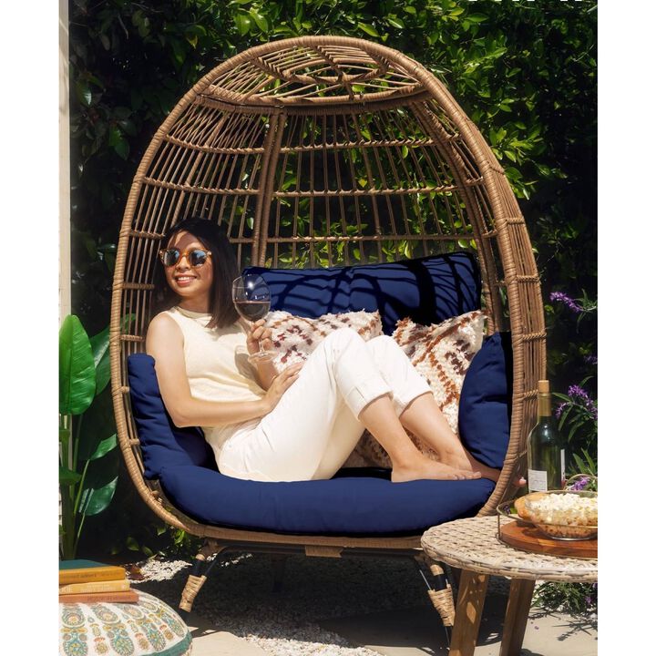 Hivvago Oversized Patio Lounger Indoor/Outdoor Wicker Rattan Egg Chair Dark Blue