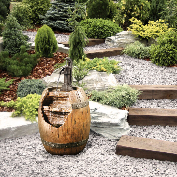 Teamson Home Outdoor Vintage Water Pump and Barrel Waterfall Fountain, Multicolor