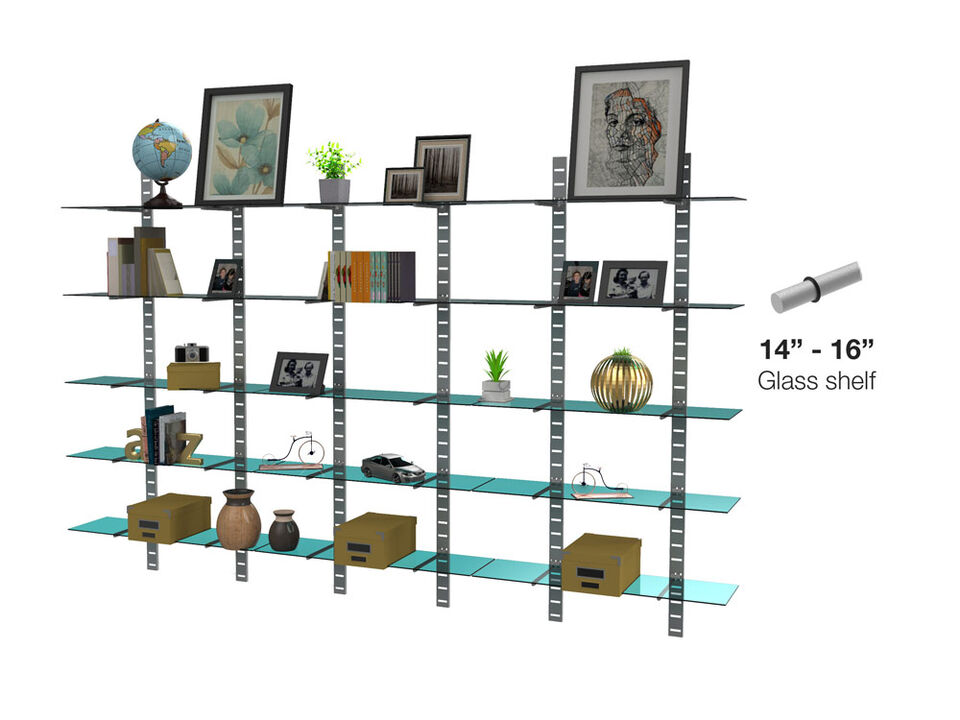 Stylish Home Office System 91" High 5 Tier with Glass Shelves 14"-16" Width | 5 Sections- Shelves Sold Separately