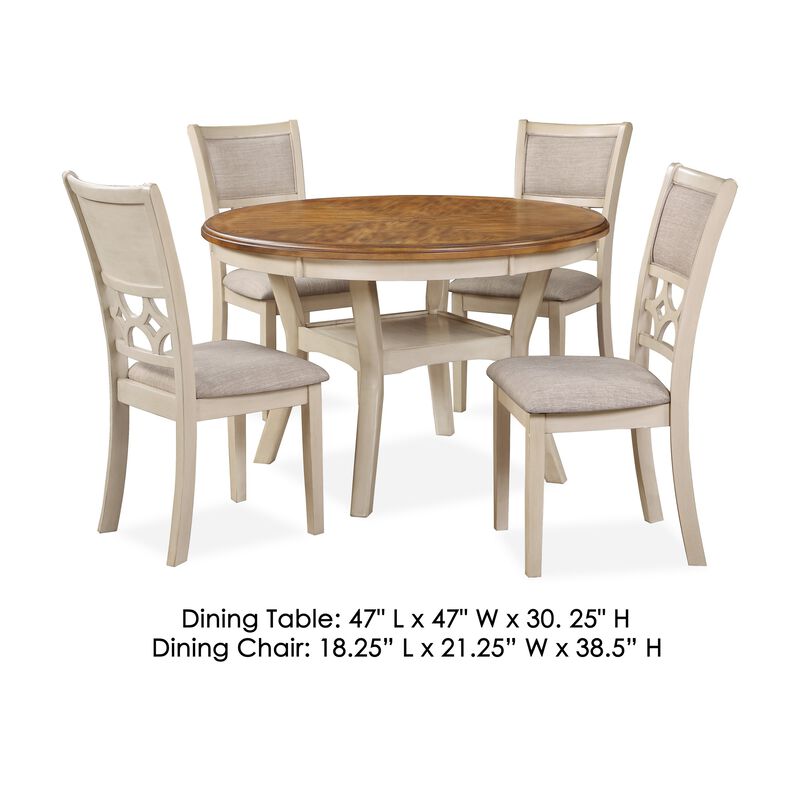 Beas 5 Piece Dining Table and Chair Set, Brown, Beige Wood, Fabric Seating - Benzara
