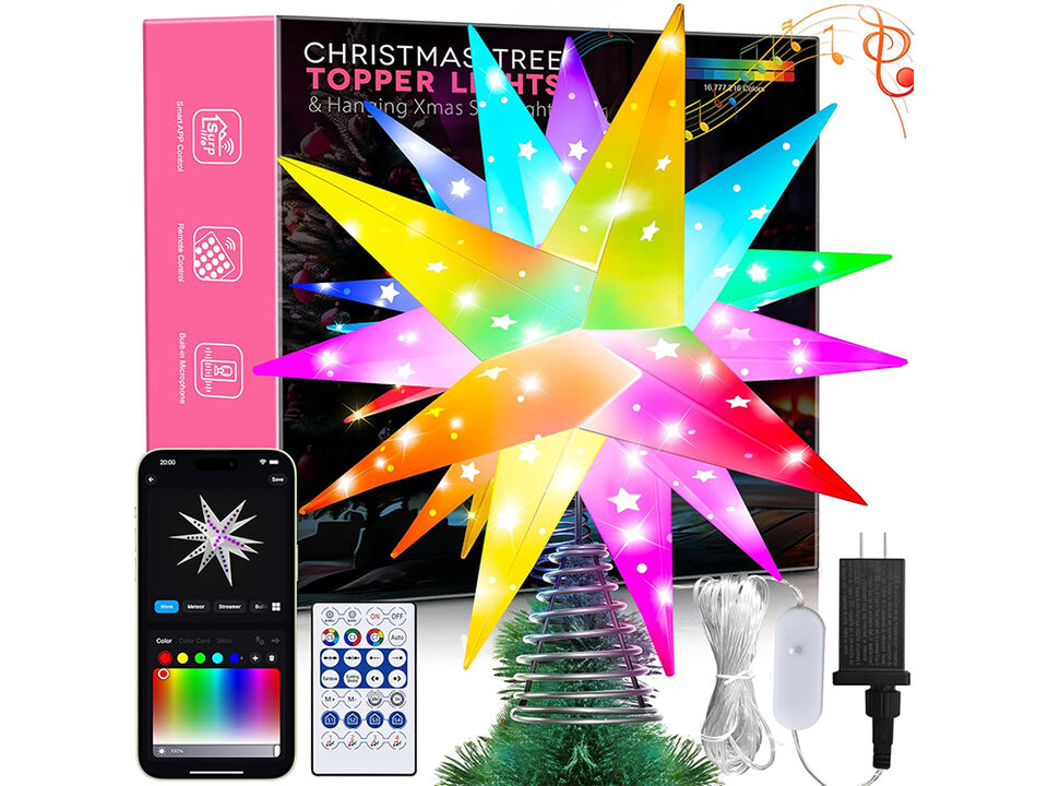 18" Star Tree Topper Lighted-72 LED Foldable Christmas Star Tree