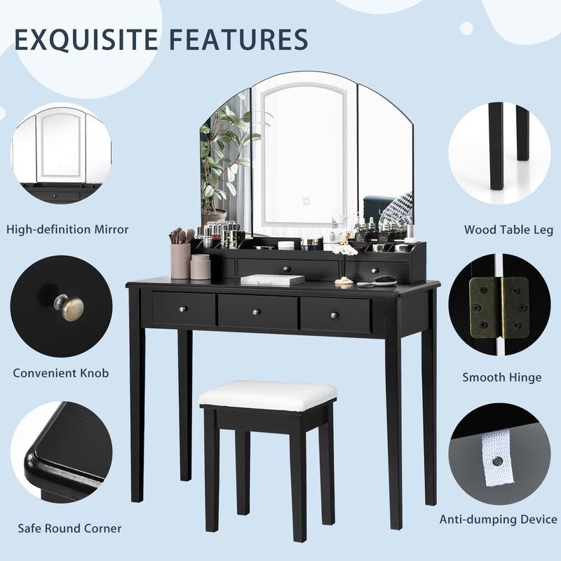 Vanity Table Stool Set with Large Tri-Folding Lighted Mirror for Bedroom or Dressing Area