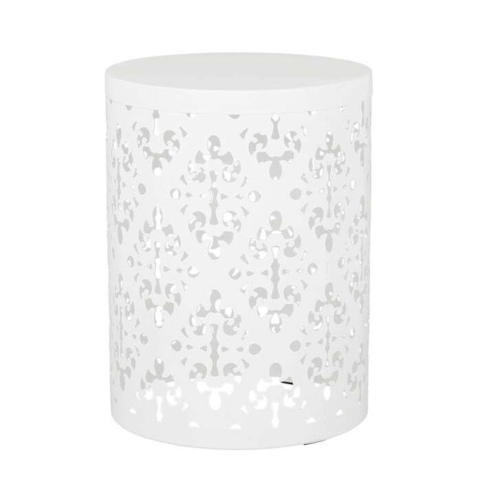 Kemo Outdoor End Table Set of 2, Round Top, Cutout Design, White Iron - Benzara
