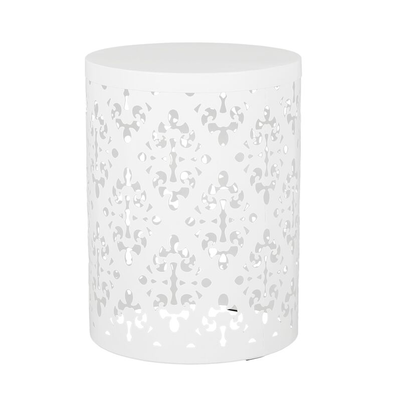 Kemo Outdoor End Table Set of 2, Round Top, Cutout Design, White Iron - Benzara