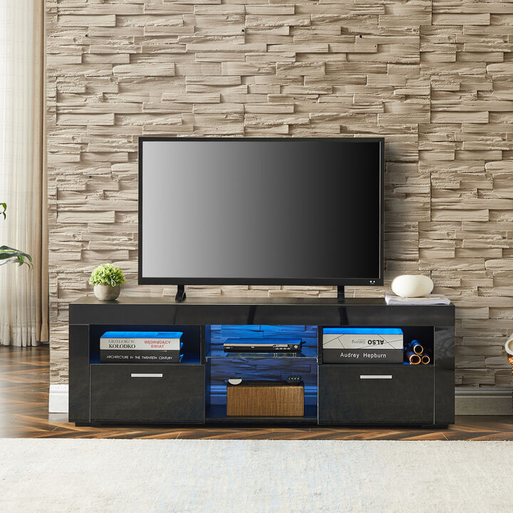 Black Modern TV Stand with LED Lights, high glossy front TV Cabinet, can be assembled in Lounge Room