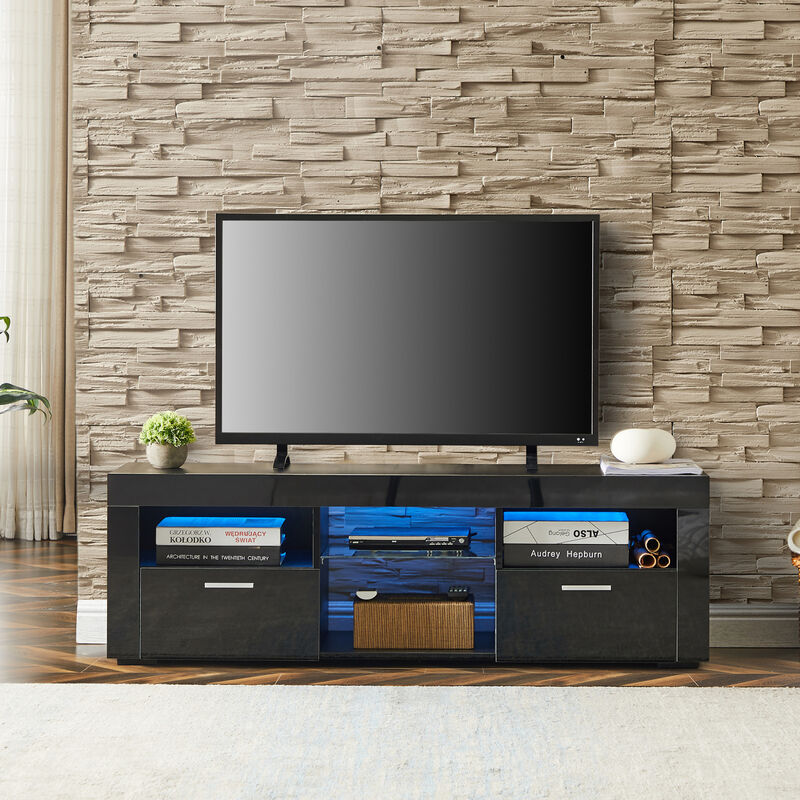 Black Modern TV Stand with LED Lights, high glossy front TV Cabinet, can be assembled in Lounge Room
