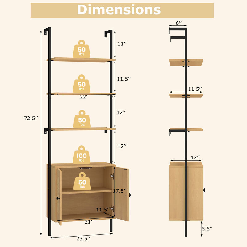 6-Tier Wall Mounted Ladder Bookshelf with Rattan Cabinet