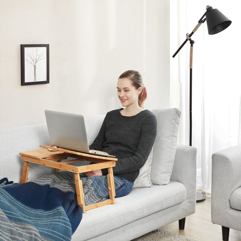 Multi-Function Lap Desk Table with Adjustable Tilting Top and Storage Drawer - Foldable Bamboo Wood Bed Tray