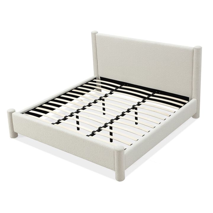 Kizo King Size Platform Bed, Cream Boucle Fabric, Panel Headboard, Slats - Benzara
