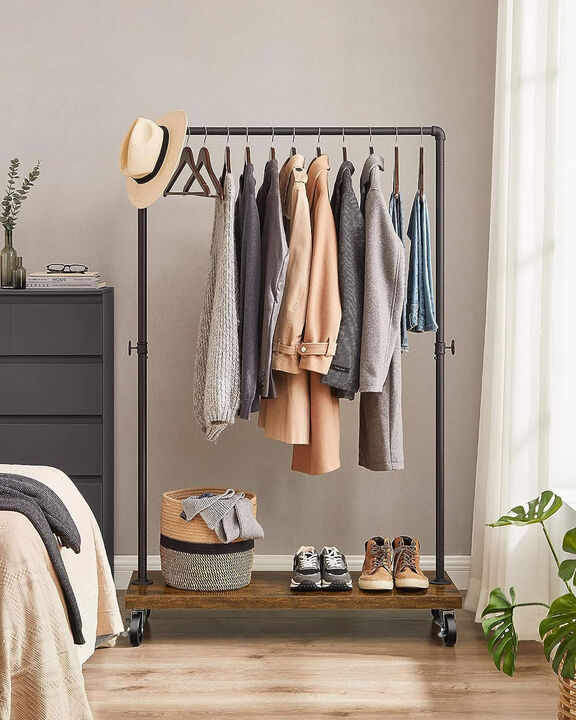 Heavy-Duty Industrial Pipe Style Rolling Clothes Rack with Shelf - Rustic Brown & Black